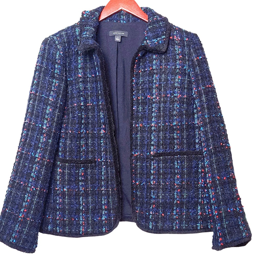 Ann Taylor Tweed Blazer 8 Multi Plaid Boucle Classic Timeless Seasonal Layering